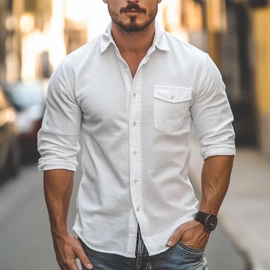 חולצה מכופתרת ארוכה לגברים מבד פשתן עם שרוולים מקופלים
